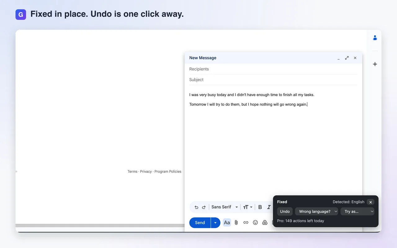 Le même message Gmail après la correction, avec le panneau Gramai affichant Corrigé, Annuler et Autre style