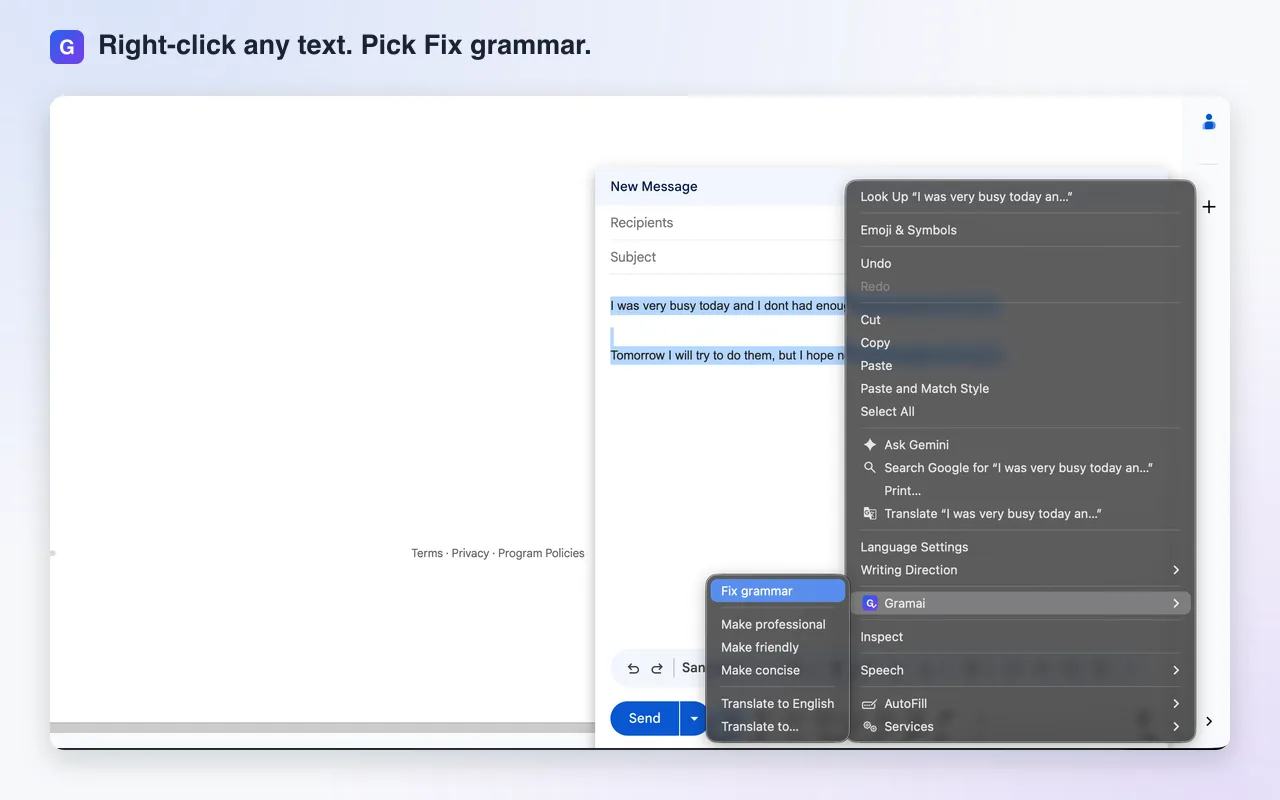 Gmail avec une phrase sélectionnée et le menu du clic droit ouvert sur Gramai, Corriger la grammaire étant en surbrillance