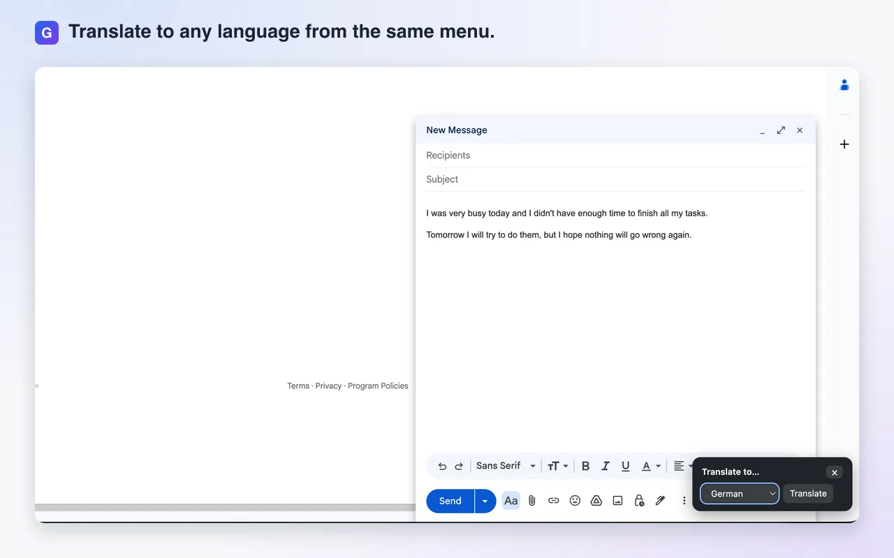 Das Gramai-Fenster in Gmail mit der Liste „Übersetzen in“, eingestellt auf Deutsch