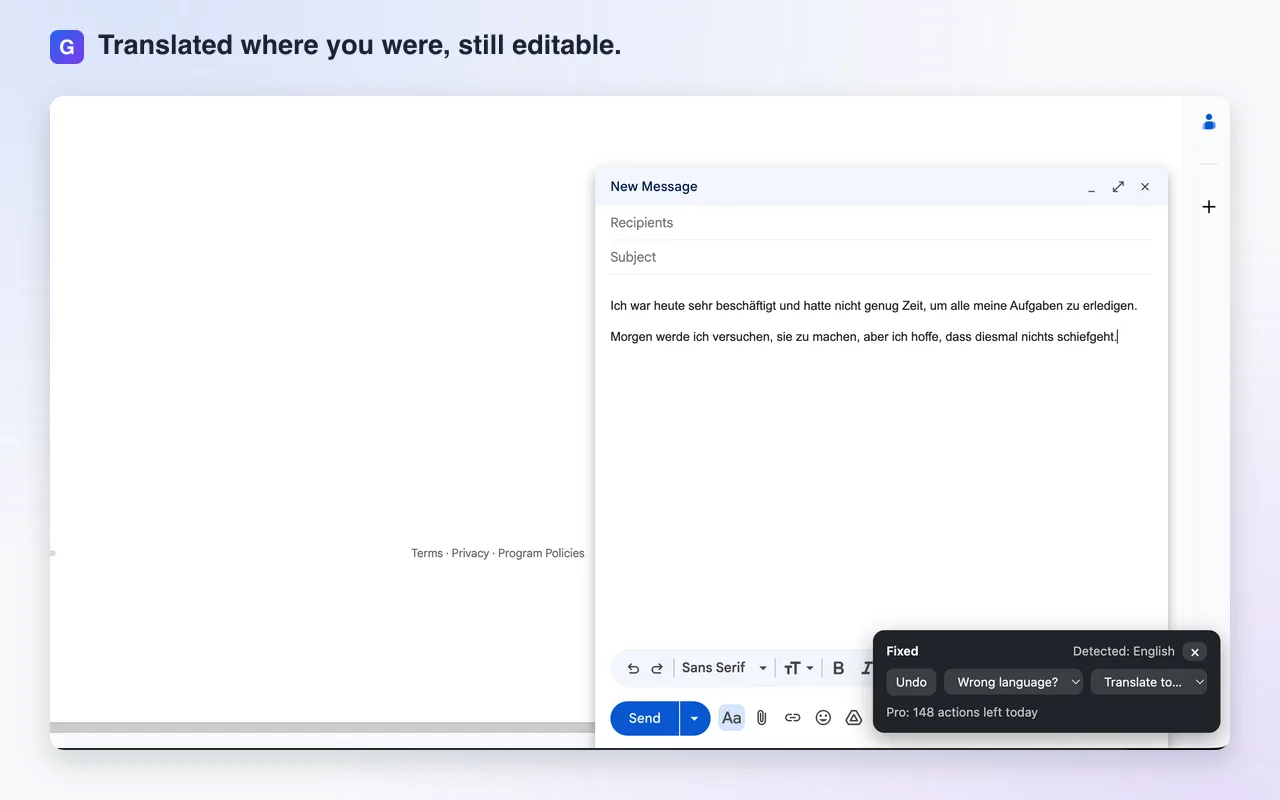 Die Gmail-Nachricht, an Ort und Stelle ins Deutsche übersetzt und weiterhin bearbeitbar