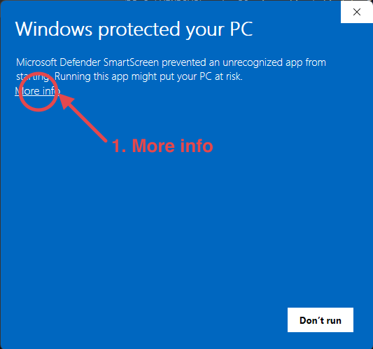 The Windows protected your PC dialog, with More info circled in red