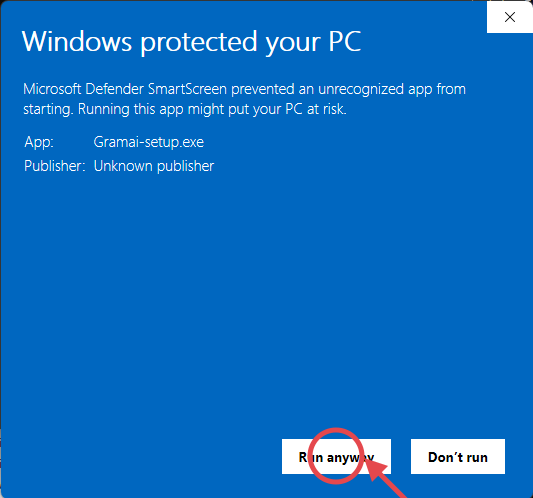 The same dialog after More info, with the Run anyway button circled in red